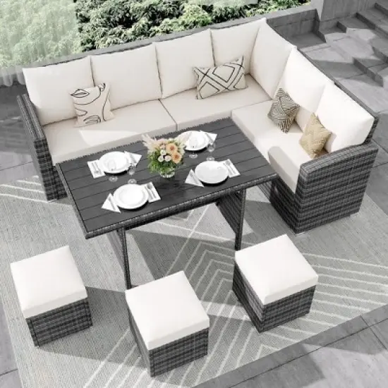 7 Piece Outdoor Sectional Sofa with Dining Table image {5}
