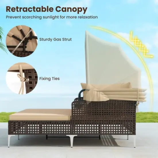 Tangkula Outdoor Daybed w/ Retractable Canopy PE Wicker Rattan Patio Double Chaise Lounger image {4}