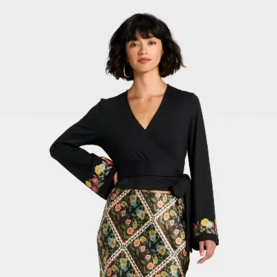 Latino Heritage Month Women's Long Sleeve V-Neck Knit Wrap Top - Black Floral image {4}