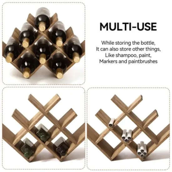 Itopfox 8-Bottle Countertop Wine Rack, Wooden 3-Tier Wine Bottle Holder for Bar Table, Wine Cabinet, Free Standing Display and Storage Shelves Brown image {2}