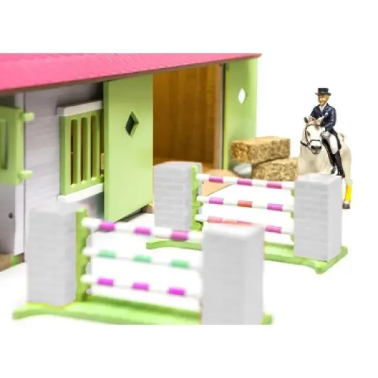Kids Globe 1/24 Pink, White & Green Wooden Horse Stable w/ 2 Box Stalls & Workshop 61068 image {3}