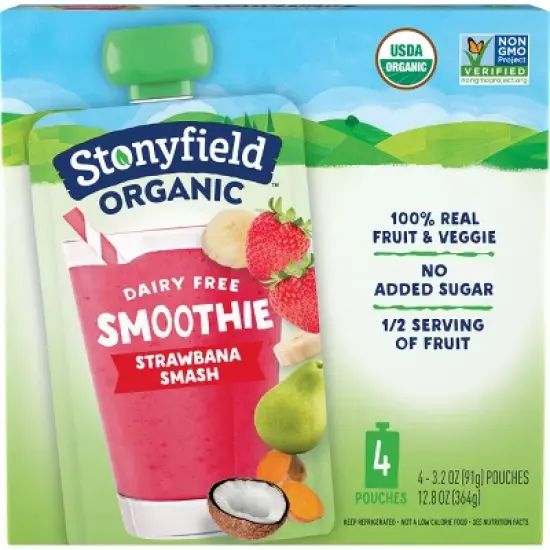 Stonyfield Organic Strawbana Smash Kids' Dairy Free Smoothie - 4ct/3.2oz Pouches image {8}