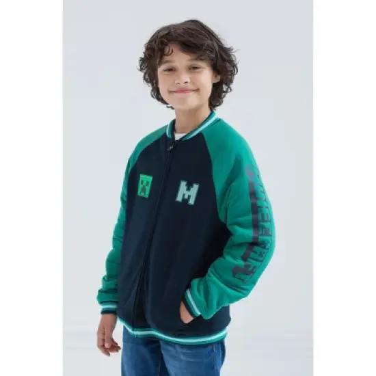 Minecraft Creeper French Terry Zip Up Varsity Bomber Jacket Little Kid to Big Kid image {1}