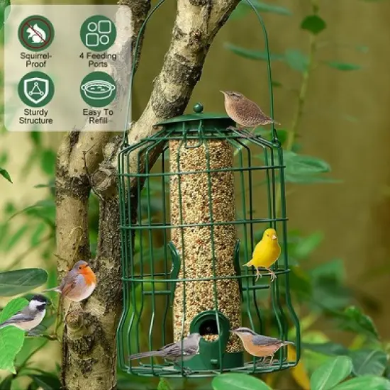 iMountek "Squirrel-Proof Outdoor Wild Bird Feeder, Chew-Proof Metal Hanging Seed Feeder with 4 Feeding Ports" Green image {1}