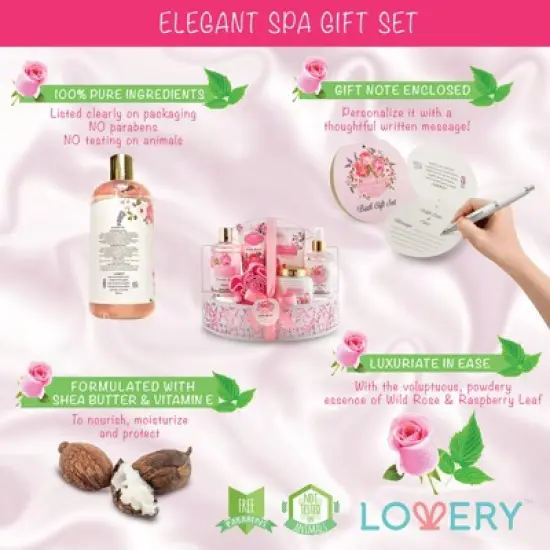 Lovery Home Spa Gift Basket - Wild Rose & Raspberry Leaf Scent - 7pc image {1}