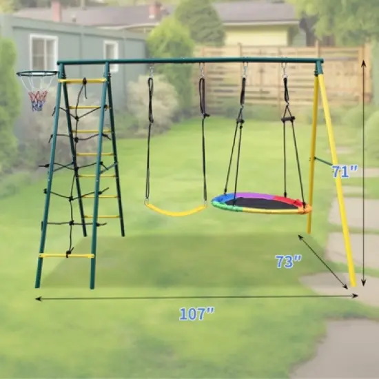 106.50"Indoor/Outdoor Metal Swing Set with Safety Belt for Backyard,Multicolor image {12}