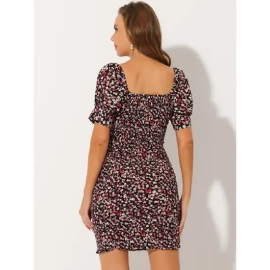Allegra K Women's Puff Short Sleeve Sweetheart Neck Floral Smocked Bodycon Mini Dress image {3}