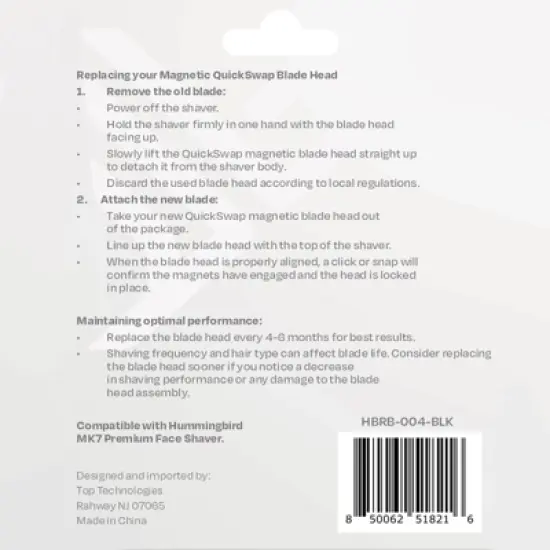 HUMMINGBIRD MK7 QuickSwap Replacement Blade Head, Genuine Blade Head Refill, Magnetic 4-Blade Foil & Stubble Trimmer Head, Hypoallergenic Blades image {2}