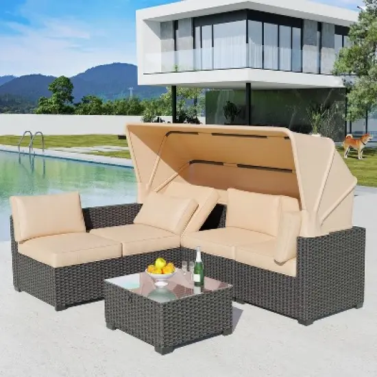 Patio Furniture Set, 6pcs Outdoor Rattan Wicker Furniture with Canopy, Outdoor Sectional Sofa and Table with Storage, Patio Conversation Sets image {3}