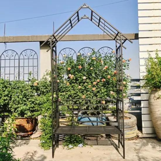 Chery Life Metal Garden Arch with Gate with planter, Climbing Plants Support Rose Arch Outdoor Black image {10}