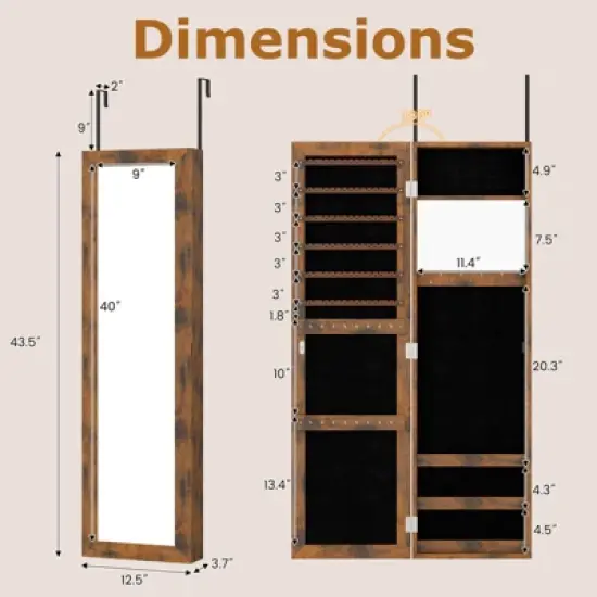 Costway Wall Mounted Jewelry Cabinet Door Hanging Jewelry Armoire with Full-Length Mirror Rustic Brown/Pink/White/Black/Brown image {2}