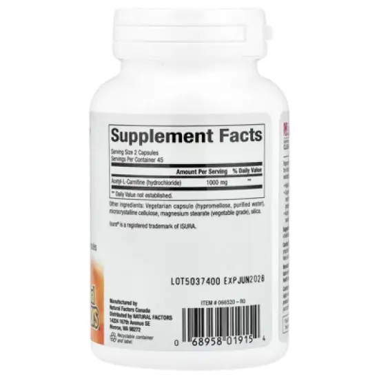 Natural Factors RegenerLife&reg;, Acetyl-LCarnitine, 90 Vegetarian Capsules (500 mg per Capsule) image {1}