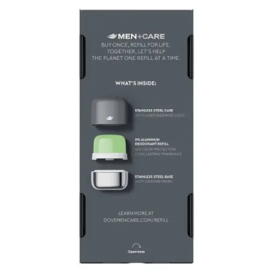 Dove Men+Care 0% Aluminum Fresh Feel Refillable Deodorant Stainless Steel Case + 1 Refill - 1.13oz image {1}