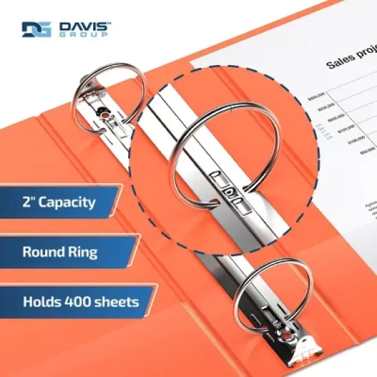 Davis Group 6pk 2" Premium Economy Round Ring Binders Orange: Hard Cover, 400 Sheet Capacity, 2 Pockets, Polypropylene image {2}