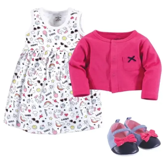 Little Treasure Baby Girl Cotton Dress, Cardigan and Shoe 3pc Set, Happy Rainbow image {1}
