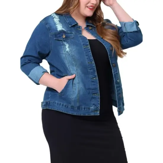 Agnes Orinda Women's Plus Size Outerwear Button Front Washed Denim Jean Jacket image {20}