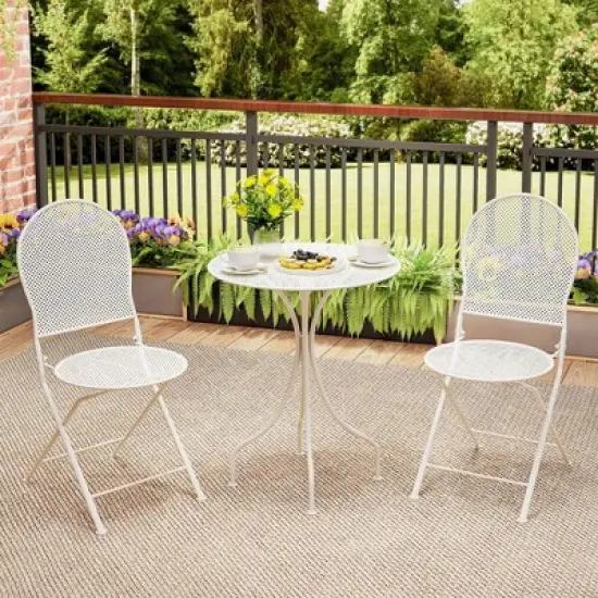 Costway 3 PCS Metal Bistro Set Round Table & 2 Folding Chairs with Rattan-Like Pattern Black/White image {11}