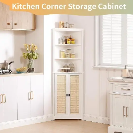 Rattan Corner Wine Cabinet with Adjustable Shelves - Farmhouse Freestanding Storage for Kitchen, Living Room image {4}