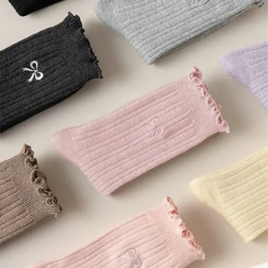 Alilang Women's Summer Ribbed Ankle Socks with Bow Embroidery Casual 5Pk image {3}