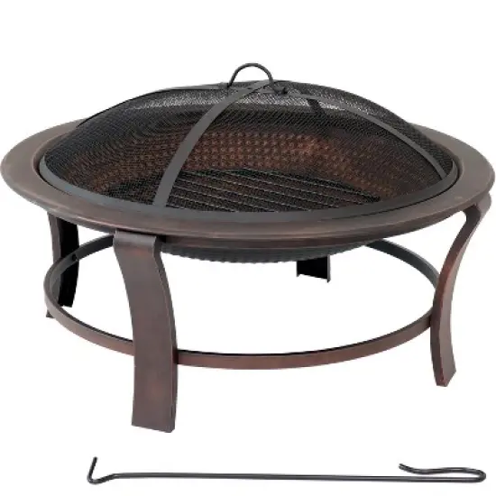 Sunnydaze Outdoor Portable Camping or Backyard Elevated Round Fire Pit Bowl with Stand, Spark Screen, Wood Grate, and Log Poker - 29" - Bronze image {3}