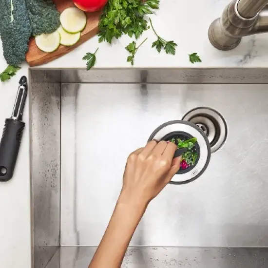 OXO Silicone Sink Strainer with Stopper: Black, Stainless Steel, Kitchen Drain Plug, Dishwasher-Safe, 4.3" Diameter image {6}