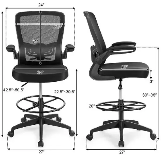 Costway Adjustable Swivel Drafting Chair with Flip-Up Armrests Adjustable Lumbar Support Black&White/Black image {2}