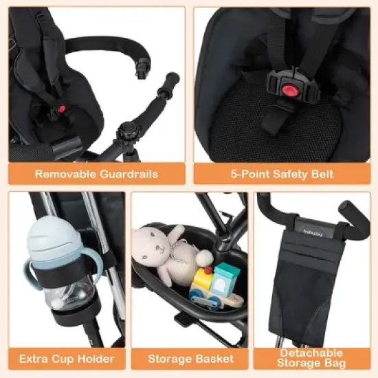 Babyjoy 4-in-1 Multifunctional Tricycle Kids Trike with Removable Canopy & Push Handle Black/Gray/Pink image {5}