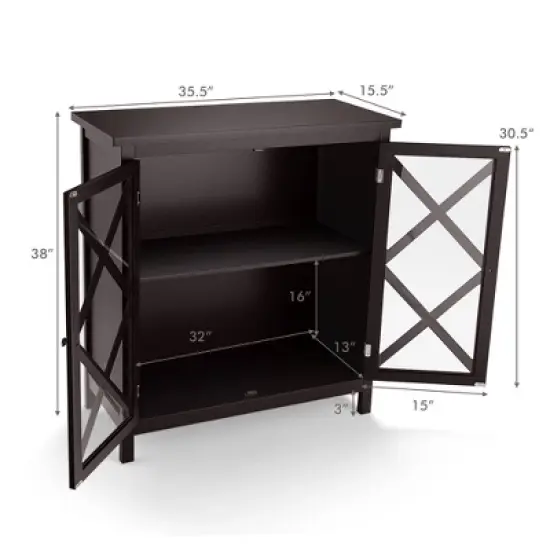 Costway Kitchen Buffet Sideboard Storage Cabinet w/Glass Doors & Adjustable Shelf White\Brown image {4}