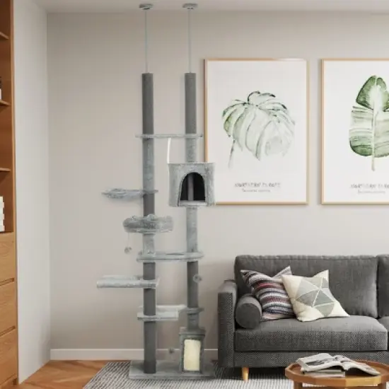 PawHut Floor to Ceiling Cat Tree, 89"-100" Adjustable Height Cat Climbing Tower Activity Center for Indoor Cats with Cat Perch, Condo & Hammocks, Gray image {1}