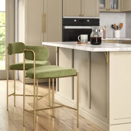 Orion Luxe Backed Counter Height Barstool with Brass Legs Olive Green Velvet - Threshold&trade; image {1}