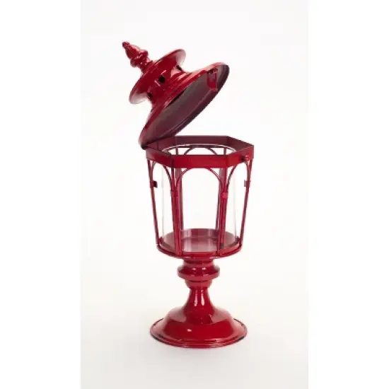 HomeRoots Set of Two Red Distressed Ornate Glass And Metal Tabletop Lantern Candle Holders image {4}