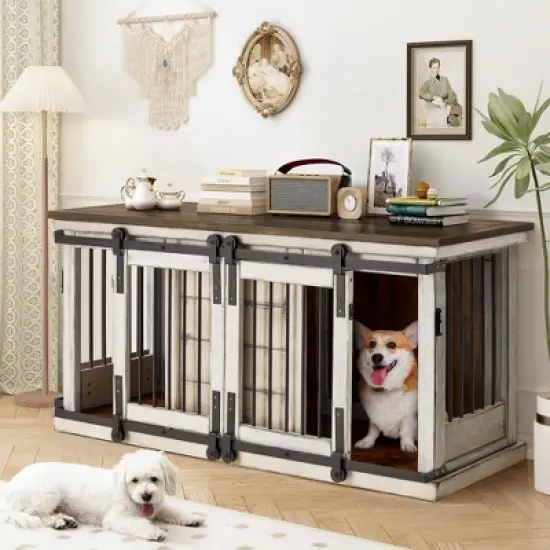 Erommy 62.5" Dog Crate Furniture, Dog Kennel TV Cabinet with Sliding Door, Heavy Duty Wooden Dog Cage for X-Large Dog image {4}