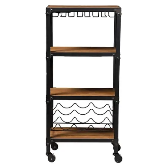 Swanson Rustic Industrial Style Antique Black & Metal Distressed Wood Mobile Kitchen Bar Wine Storage Shelf - Baxton Studio image {1}
