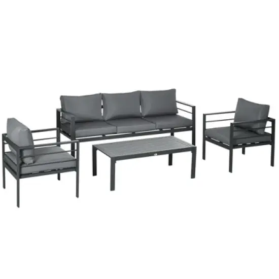 Outsunny Patio Furniture Set 4 Pieces, Outdoor Conversation Set with Water-Resistant Cushions, Coffee Table, 3-Seater Sofa, 2 Chairs for Porch, Gray image {3}