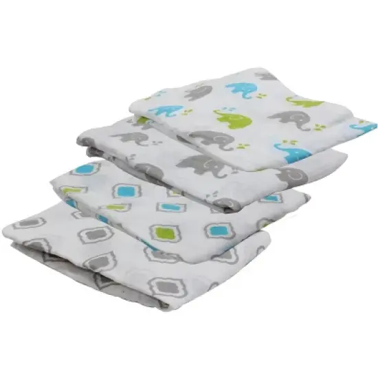 Bacati - Elephants Aqua/Lime/Gray Muslin Swaddling Blankets set of 4 image {3}