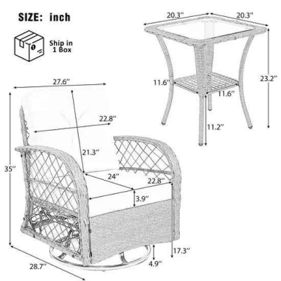 3pcs Outdoor Rattan Chat Furniture Set,  Patio Garden Seating Group Conversation Set with Swivel Chairs and Table -ModernLuxe image {2}