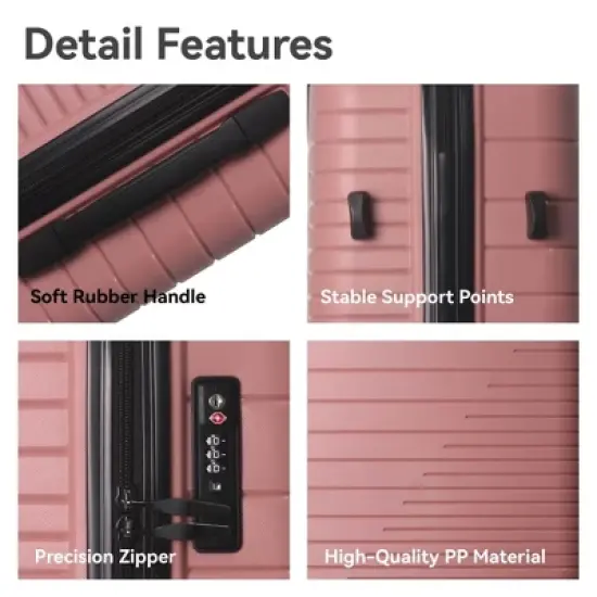 MAYEERTY 3 Piece Lightweight Luggage Set, PP Hardshell Carry on Suitcase with Spinner Wheels & TSA Lock, Pink - 20"/24"/28" image {3}