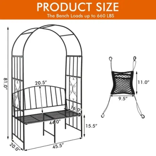Tangkula Steel Garden Arch w/ 2-Seat Bench 6'7"H x 3'8"W Outdoor Arbor for Climbing Plants image {8}