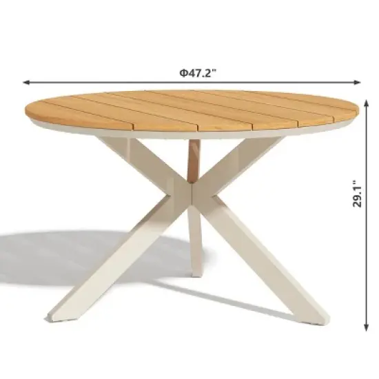 Round Planked Wood Top Outdoor Dining Set 4Piece Textured Mesh Chair Patio Furniture image {3}