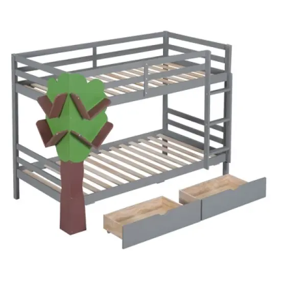 Twin-Over-Twin Bunk Bed with a Tree Decor and Two Storage Drawers-ModernLuxe image {4}