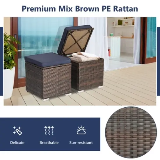 Costway 2PCS Patio Rattan Ottomans Seat Side Table Storage Box Footstool W/Cushions Navy image {7}