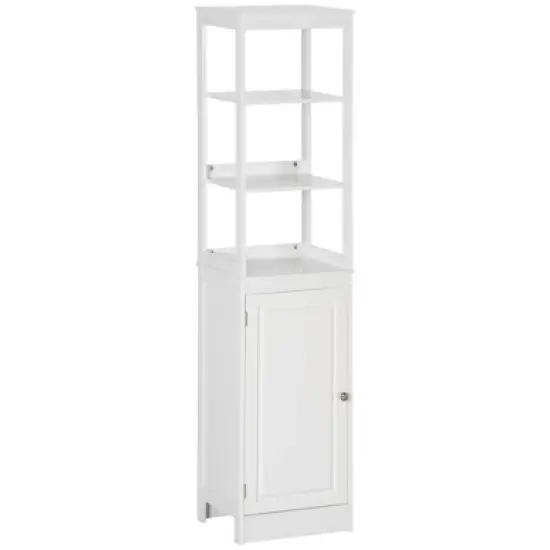 kleankin Tall Bathroom Storage Cabinet, Freestanding Linen Tower with 3-Tier Open Shelf and Cupboard, Slim Floor Organizer image {8}