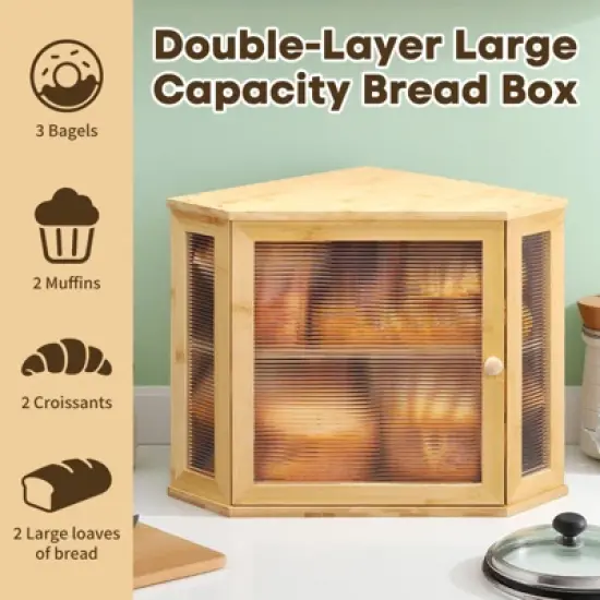 Unique Bargains Bamboo Acrylic Wavy Door Panel Corner Bread Container Natural Wood Medium image {2}