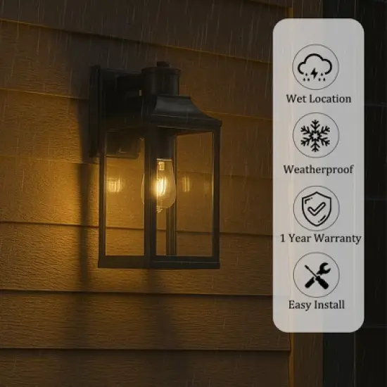 ALOADECOR 1 Light H16 in. Farmhouse Outdoor Wall Lantern with Motion Sensor in Matte Black Modern Wall Sconce with Clear Glass for Courtyard image {8}