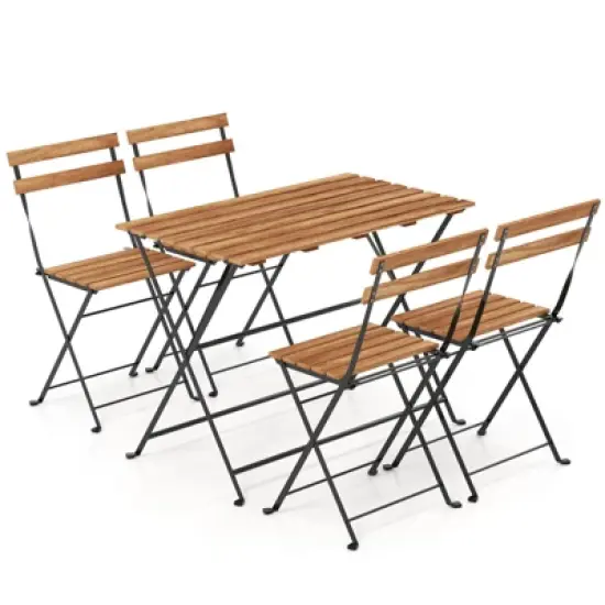 Tangkula 5 PCS Patio Acacia Wood Dining Set w/ 4 Folding Chairs Slatted Seat & Tabletop image {9}