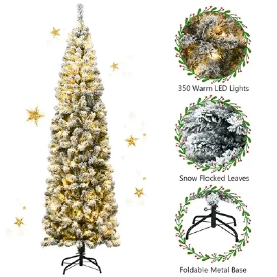 Costway 4.5/6/7.5 Ft Pre-lit Snow Flocked Artificial Pencil Christmas Pine Tree with 150/250/350 LED Lights image {6}