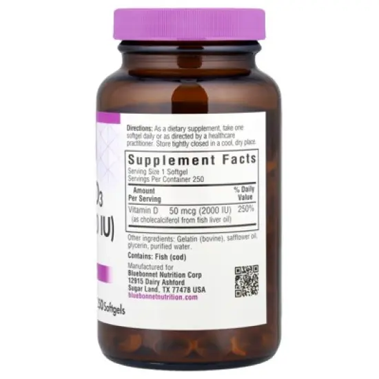 Bluebonnet Nutrition Vitamin D3, 50 mcg (2,000 IU), 250 Softgels image {1}
