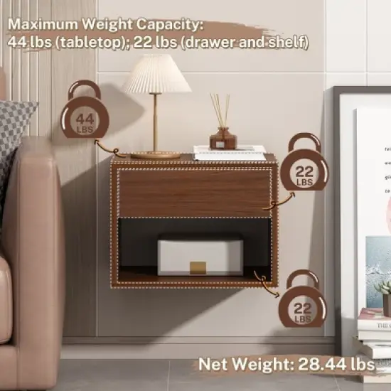 Sandinrayli Nightstands Set of 2, Night Stand with Drawer, Floating Nightstand with Open Storage Shelf, Wall Mounted Wood Bedside Tables, Brown Walnut image {6}