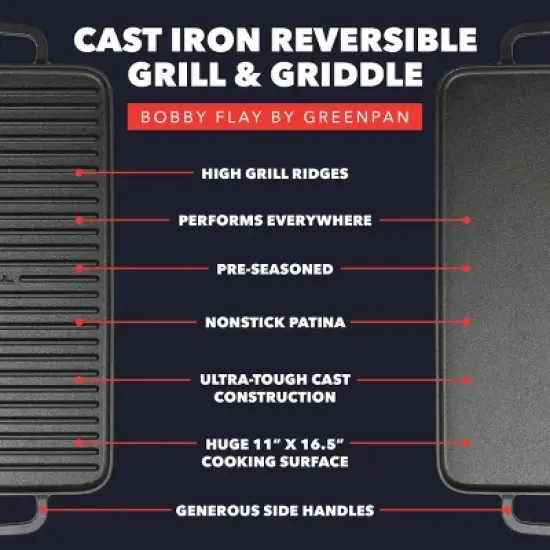 Bobby Flay Double Burner Cast Iron Reversible Griddle with Dual Handles image {3}