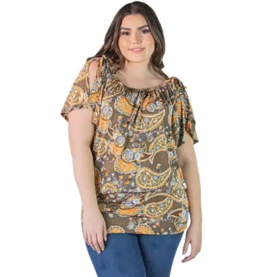Women's Plus Size Brown Paisley Top with Short Sleeves and Slit Shoulders image {6}